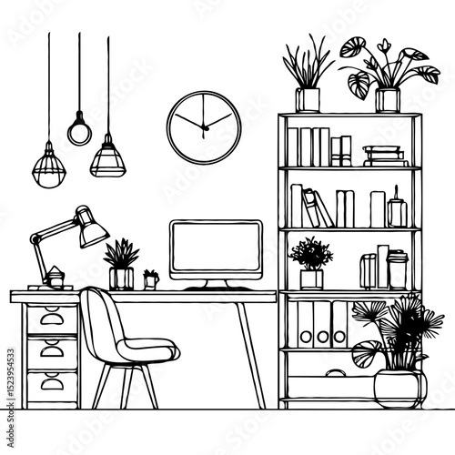 Modern home office interior with desk, shelves, and plants  