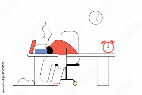 Afternoon slump, laziness and procrastination postpone work to do later, boredom and sleepy work concept, businessman sleeping lay down on office chair and alarm clock covered his face with book. See 