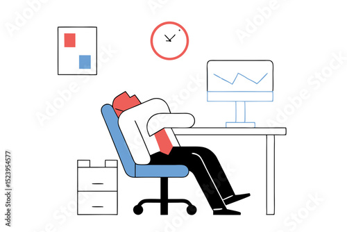 Afternoon slump, laziness and procrastination postpone work to do later, boredom and sleepy work concept, businessman sleeping lay down on office chair and alarm clock covered his face with book. See 