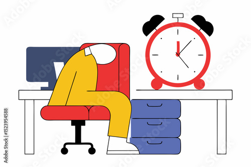 Afternoon slump, laziness and procrastination postpone work to do later, boredom and sleepy work concept, businessman sleeping lay down on office chair and alarm clock covered his face with book. See 