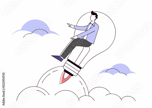 Creative new idea, innovation start up business or inspiration to achieve success goal concept, happy smart businessman leader riding flying bright lightbulb lamp with rocket booster in the cloud sky.