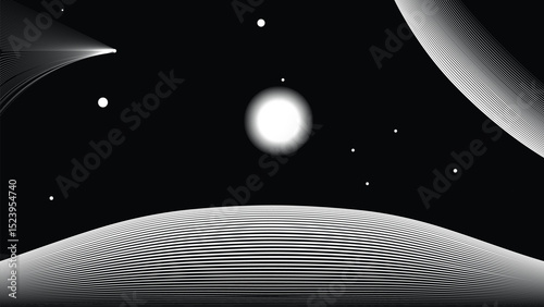 Star and moon in outer space. Futuristic landscape, with lines texture . Space landscape with moon and sun . Deep space vector illustration. Vector line art. Star explosion .