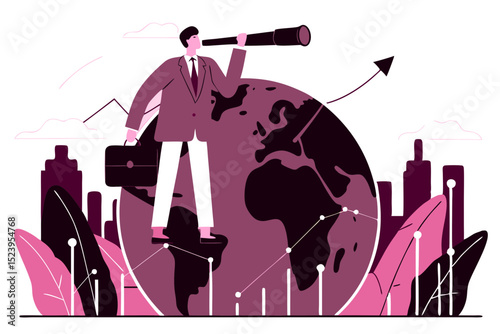 Globalization, global business vision, world economics or business opportunity concept, smart businessman standing on globe, planet earth using telescope to see vision or future opportunity.