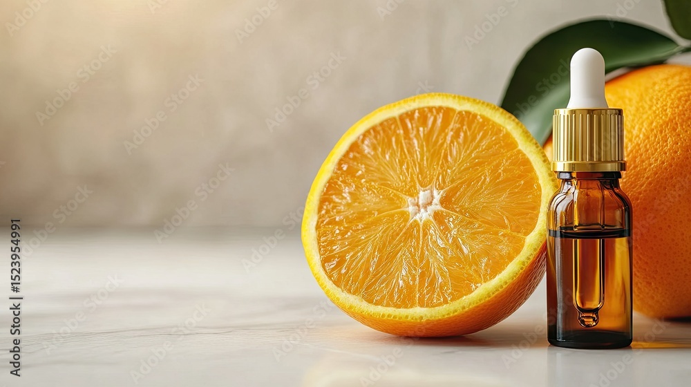 Naklejka premium Fresh orange half beside a dropper bottle of essential oil, clean and bright composition on light background