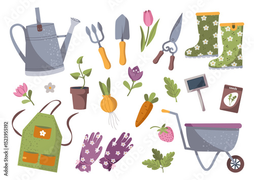 Set of garden tools and elements, potted plants, gloves, apron, watering can, rake, shovel and garden cart flat vector illustration isolated on white. Farming tool for growing spring organic plants. 