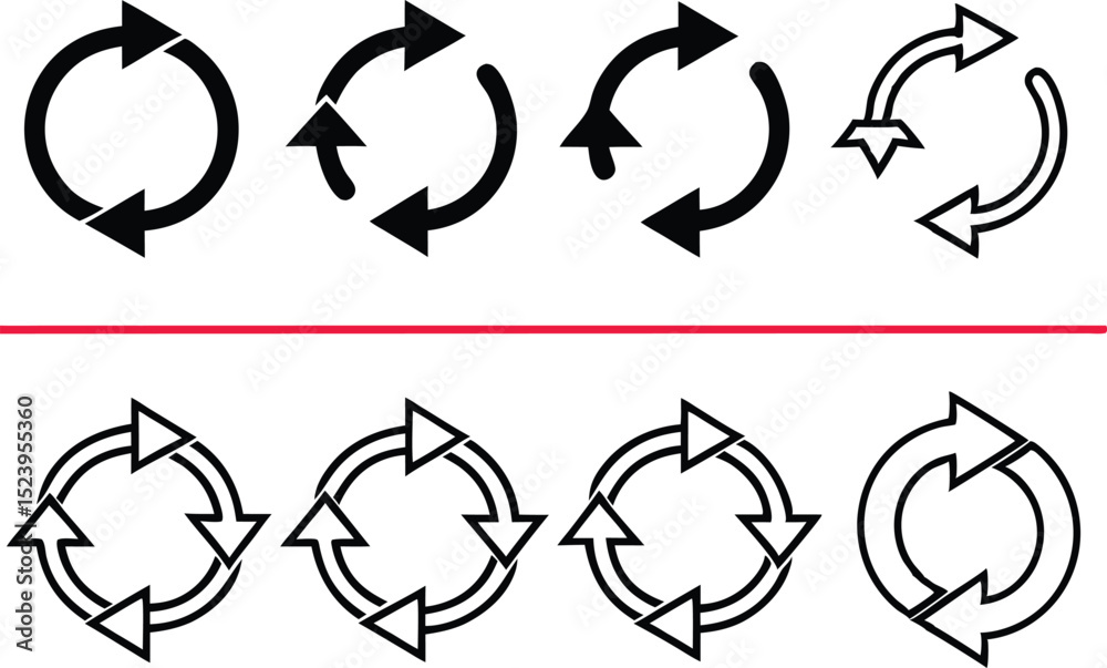 Fototapeta premium Collection of circular arrow icons illustrating rotation recycling and refresh concepts