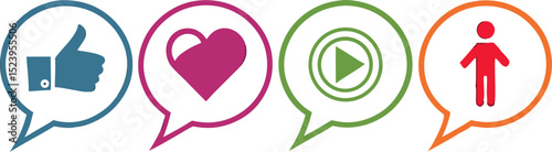 Social Media Icons in Speech Bubbles Representing Like Love Play and People