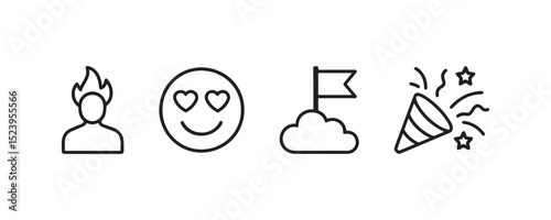 Set of minimalist icons: fire, love emoji, flag, celebration cone. photo