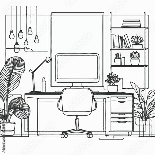 Modern line art home office with plants and stylish furniture  