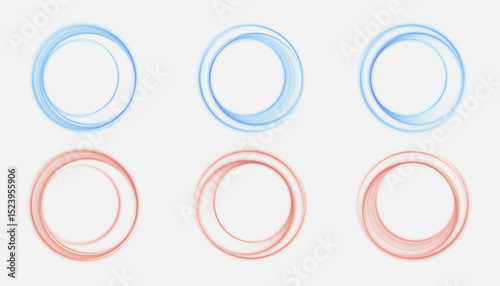 Set of gradient rotating rings with dynamic lines in blue and red tones on white background.