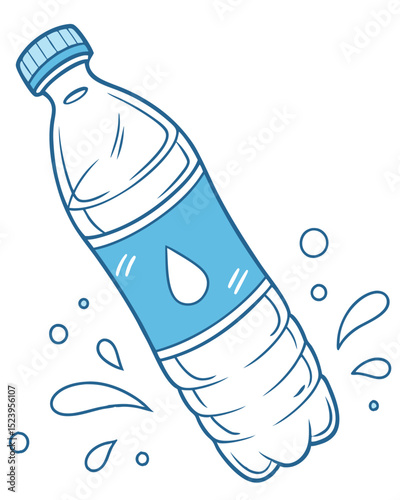 A plastic bottle with a blue label and a water drop, surrounded by water drops in a white background