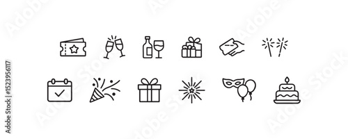 Celebration icon set featuring gifts, drinks, masks, and fireworks.