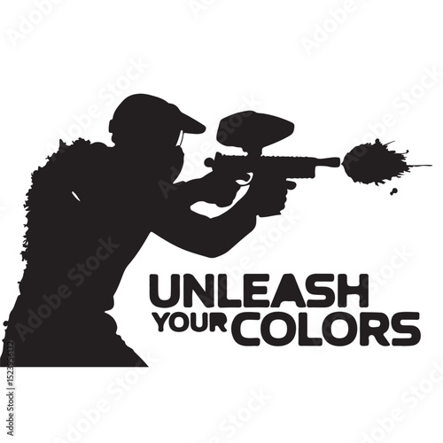 Dynamic black and white vector illustration of a paintball player in action, aiming a marker