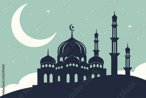 Silhouette of a mosque with minarets and domes, crescent moon and stars in the sky, against a light green background, Islamic architecture
