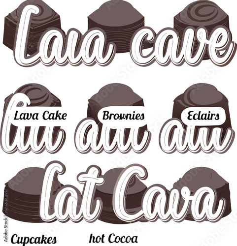 Delicious dessert collection illustrating various chocolate treats including lava cakes brownies and eclairs with stylish text elements