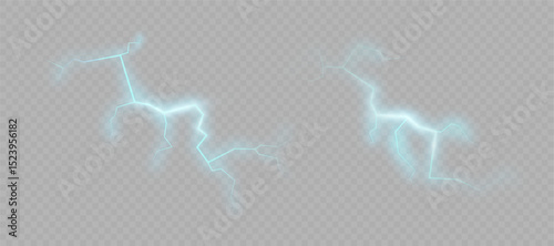 Bright blue lightning with electric glow and branched shape on transparent background. Suitable for electric shock, energy or sci-fi effects.