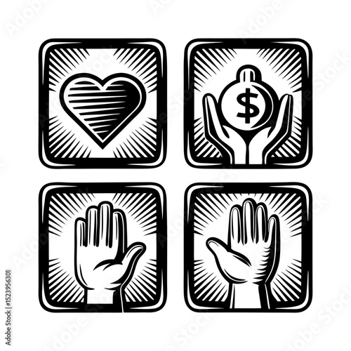 Charity donation hands heart money giving icons