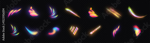 A collection of neon holographic flashes with curved shapes and bright spectral glow. Effects are suitable for digital design, accelerations and game interfaces.
