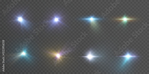 A collection of realistic lens flares and light flashes with bright colored rays. Elements for interface design, video and lighting effects.