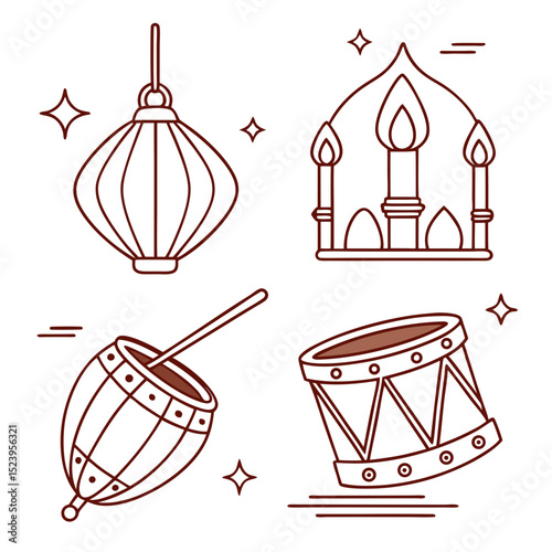 Line art icons of festive holiday objects