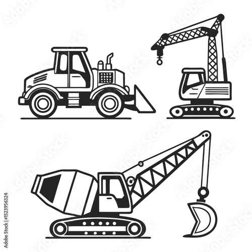 Construction vehicles line art illustrations