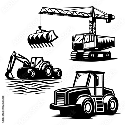 Heavy equipment collection black and white illustration
