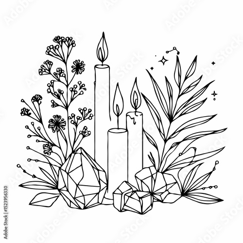 Floral arrangement with candles and crystals in line art style  