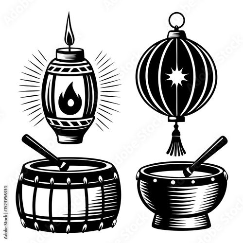 Vintage asian lantern candle and drums illustration