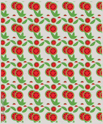 Cute watermalon seamless pattern for textile, wrapping, wallpapers, etc. Sweet red ripe watermalons on red, Vector illustration.