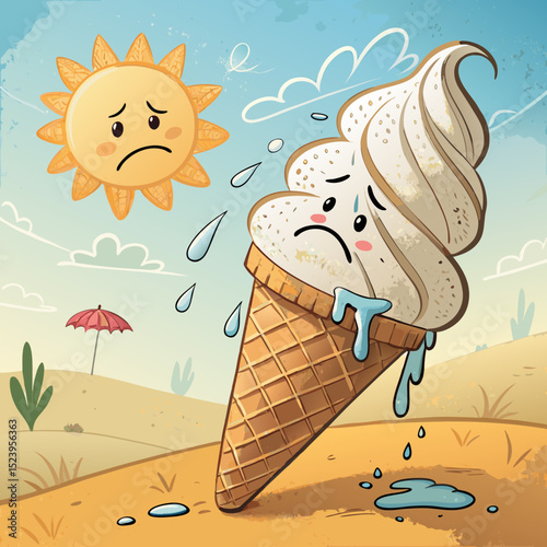 Sad Melting Ice Cream Cone Cartoon Vector Illustration