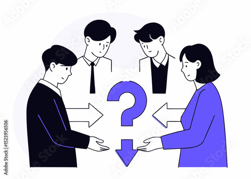Teamwork to solve business problem, cooperation or collaboration in company to achieve business success concept, businessmen and women, colleagues help put solution arrow on question mark problem sign