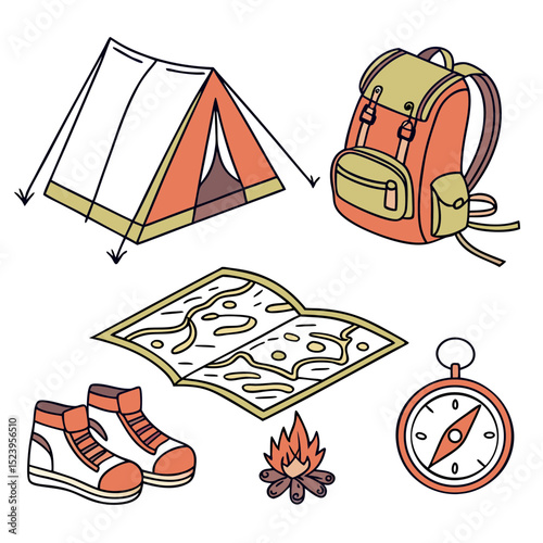 Camping gear illustration tent backpack map compass boots fire