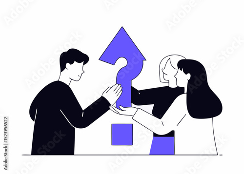 Teamwork to solve business problem, cooperation or collaboration in company to achieve business success concept, businessmen and women, colleagues help put solution arrow on question mark problem sign