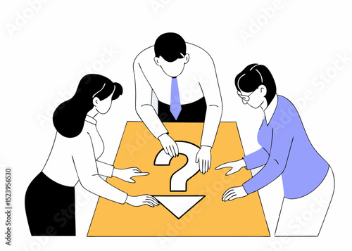Teamwork to solve business problem, cooperation or collaboration in company to achieve business success concept, businessmen and women, colleagues help put solution arrow on question mark problem sign