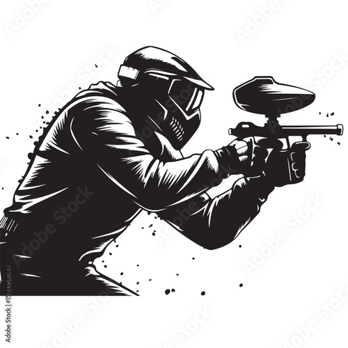 Dynamic black and white vector illustration of a paintball player in action, aiming a marker