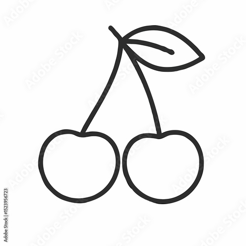 Outline of two cherries with a leaf on white background  