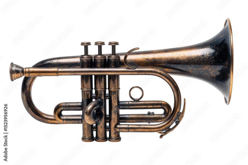 Obraz premium Vintage brass cornet musical instrument detailed closeup studio shot antique copper finish musical brass instrument detailed studio photography old art on transparent background