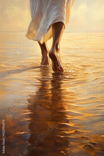 serene depiction of the calming waters where Jesus walked, with soft, golden light illuminating his graceful steps