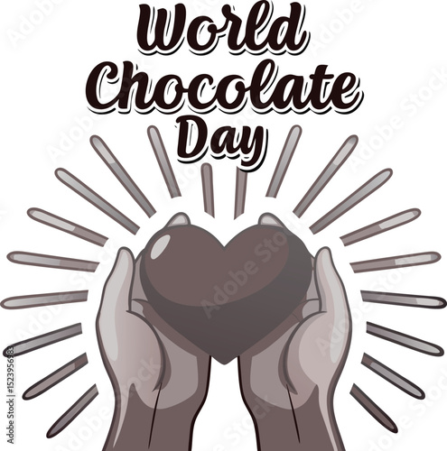 World chocolate day celebration illustration with human hands holding a heart shaped chocolate symbol and radiant burst design suitable for greeting cards and social media posts