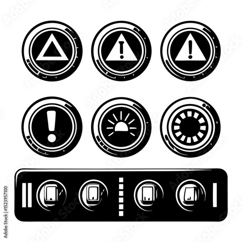 Car dashboard warning lights and switches illustration