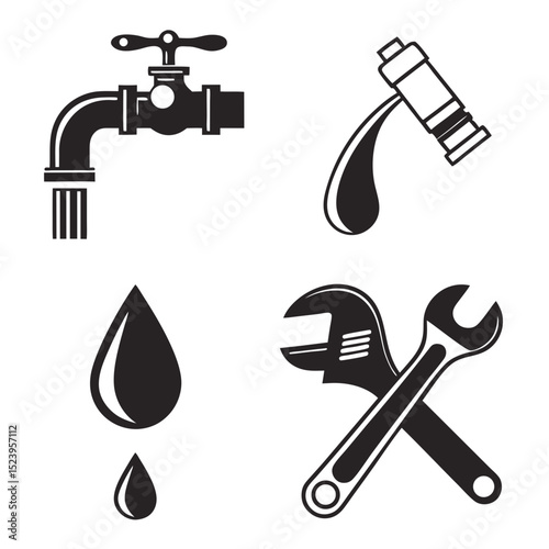 Plumbing repair service icons water tap wrench