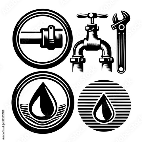 Plumbing service icons water pipe wrench valve