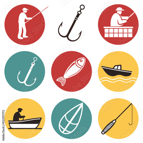Fishing icons set angler boat hooks and fish