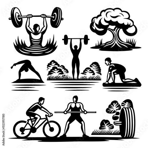 Black and white illustrations of outdoor fitness activities