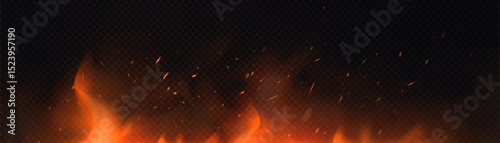 Sparks and flames on a transparent background with realistic fire effect and diffuse smoke. Can be used for designs related to heat, flash or fire.