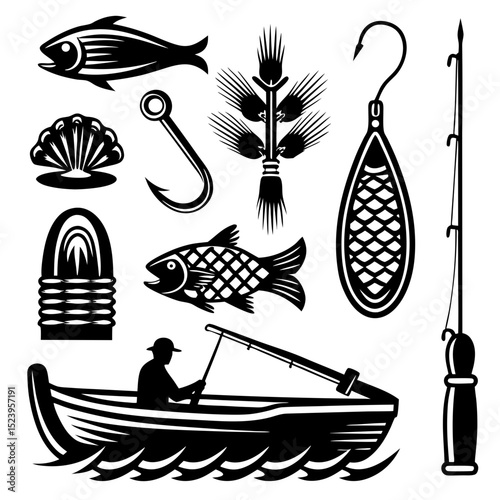 Fishing boat and equipment vintage illustration