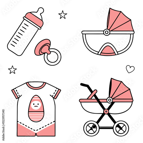 Baby girl essentials line art icons