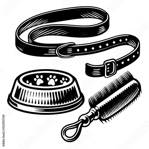 Dog leash collar bowl brush pet supplies illustration