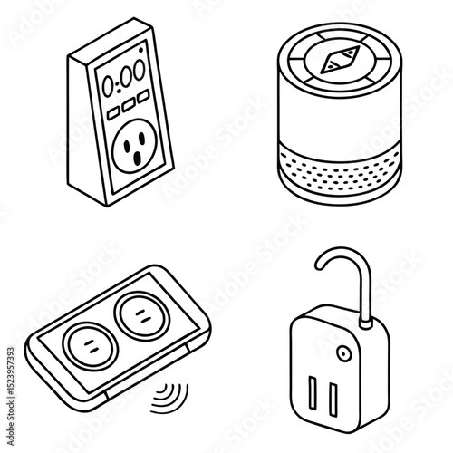 Smart home device icons timer speaker outlet and lock