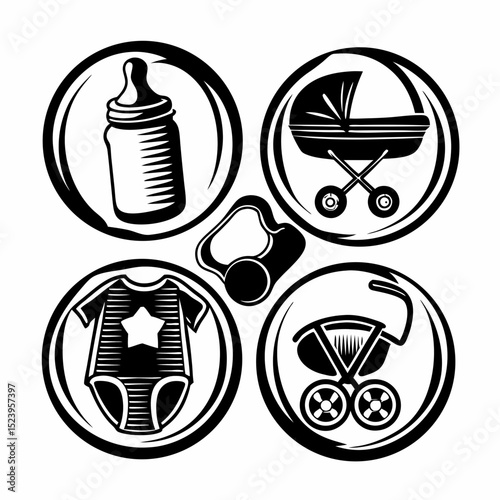 Baby essentials icons bottle pram onesie pacifier